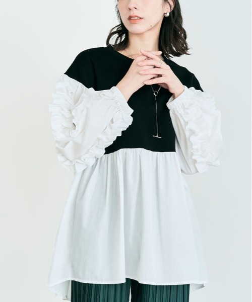 kirakiraShop(キラキラショップ)の「ダンボール ドッキング チュニック ブラウス(スウェット・レディース・ブラック/オフホワイト・M)」の3枚目の写真
