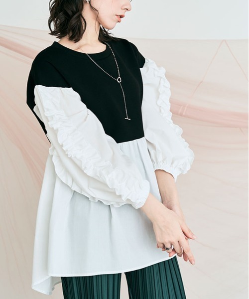 kirakiraShop(キラキラショップ)の「ダンボール ドッキング チュニック ブラウス(スウェット・レディース・ブラック/オフホワイト・M)」の7枚目の写真