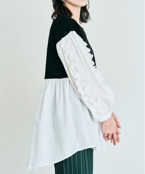 kirakiraShop(キラキラショップ)の「ダンボール ドッキング チュニック ブラウス(スウェット・レディース・ブラック/オフホワイト・M)」の8枚目の写真