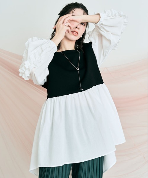 kirakiraShop(キラキラショップ)の「ダンボール ドッキング チュニック ブラウス(スウェット・レディース・ブラック/オフホワイト・M)」の12枚目の写真