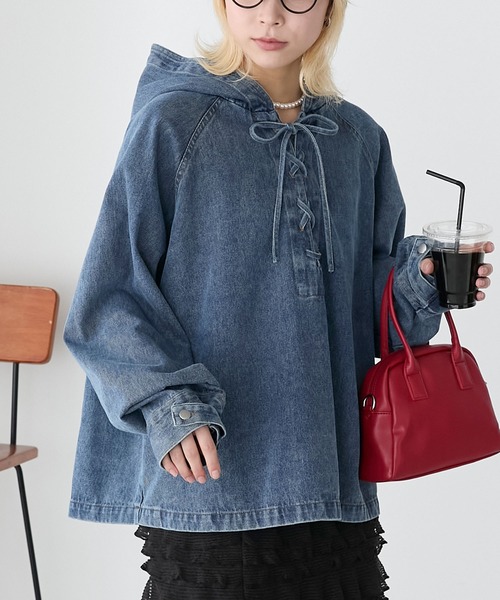 PLEATS PLEASE プリーツアノラックデニム風パーカートップス