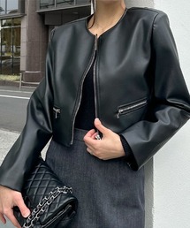 フェイクレザージャケット フリルSov. ノーカラージャケット