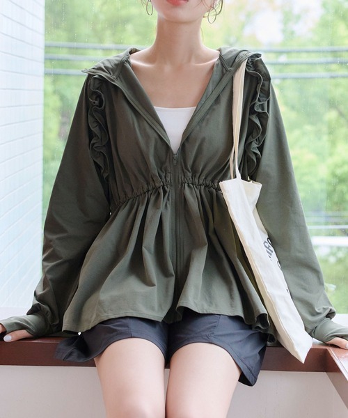 [ラッシュガード]指穴付きウエストストリング肩フリルパーカー