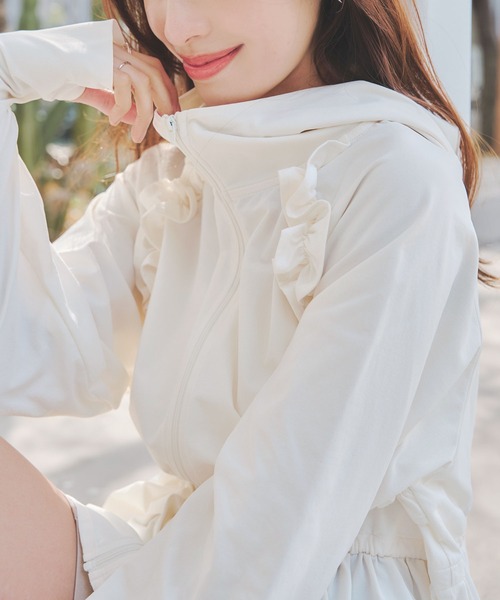 ラッシュガード ] 指穴付きウエストストリング肩フリルパーカー