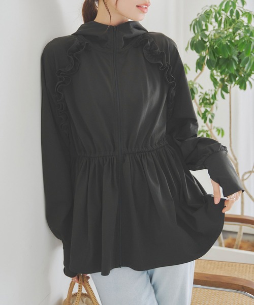 [ラッシュガード]指穴付きウエストストリング肩フリルパーカー