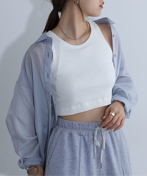 COLONY 2139（コロニートゥーワンスリーナイン）の「カップ付テレコアメスリタンクトップ（タンクトップ・レディース・ブラック/オフホワイト・FREE）」の3枚目の写真