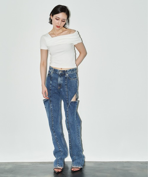 tシャツ ワンショルギャザーカットトップス レディース サイドギャザーワンショルダートップス[品番：SHNW0011265