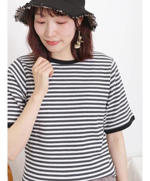 Samansa Mos2(サマンサ モスモス)の「ワッフルボーダーTシャツ(Tシャツ/カットソー・レディース・ネイビー/ミント/キナリ/オフホワイト・F)」の2枚目の写真