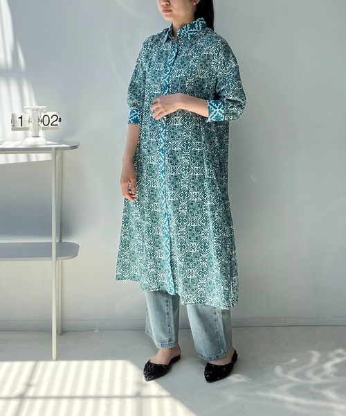 AS KNOW AS plus（アズノゥアズプラス）の「◎インドコットン シャツワンピ―ス（シャツワンピース・レディース・グリーン系/オレンジ系/ブラック系・FREE）」の4枚目の写真