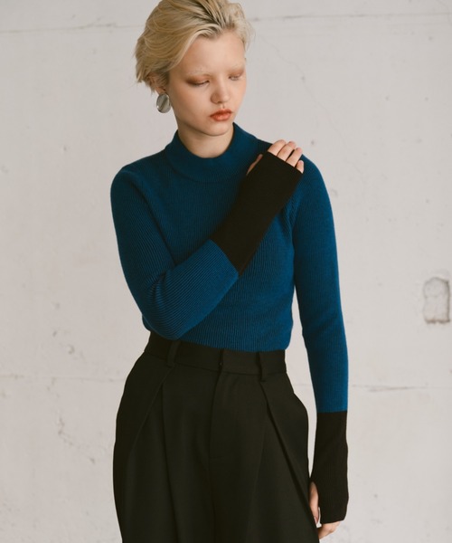 Happy John（ハッピージョン）の「bicolor knit tops/配色ニットトップス（Tシャツ/カットソー・レディース・グレー/ブルー/ブラック・FREE）」の3枚目の写真