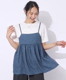 【2点セット】着回しを楽しめる ふくれジャカードキャミ＋Tシャツ