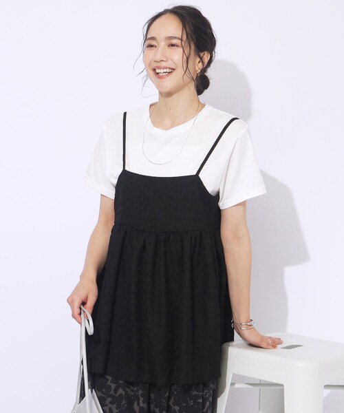 DRESKIP（ドレスキップ）の「◆【2点セット】着回しを楽しめる ふくれジャカードキャミ＋Tシャツ（その他トップス・レディース・ブラック/ブラウン系その他/ブルー・04/03/02）」の2枚目の写真