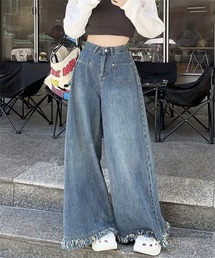 裾フリンジワイドデニムパンツ