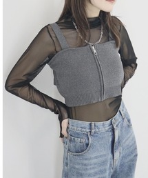 Reurie' | ZIP付ニットビスチェ/ zip knit bustier ノースリーブ キャミソール クロップド ミニ丈 レイヤード 重ね着 シンプル 大人カジュアル レディライク 韓国 グレー チャコール 黒 ブラック(キャミソール)
