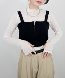 ZIP付ニットビスチェ／ zip knit bustier ノースリーブ キャミソール クロップド ミニ丈 レイヤード 重ね着 シンプル 大人カジュアル レディライク 韓国 グレー チャコール 黒 ブラック