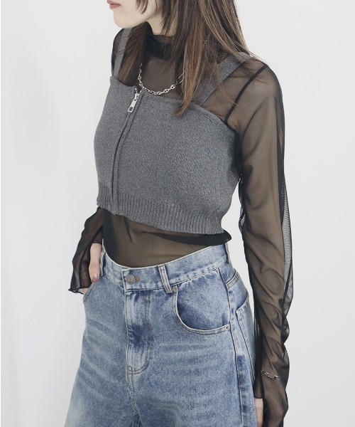 Reurie'（レウリィ）の「ZIP付ニットビスチェ／ zip knit bustier ノースリーブ キャミソール クロップド ミニ丈 レイヤード 重ね着 シンプル 大人カジュアル レディライク 韓国 グレー チャコール 黒 ブラック（キャミソール・レディース・ブラック/チャコールグレー・FREE）」の16枚目の写真