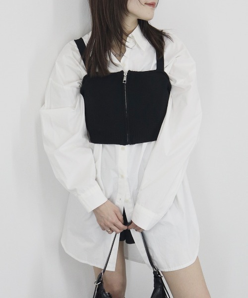 Reurie'（レウリィ）の「ZIP付ニットビスチェ／ zip knit bustier ノースリーブ キャミソール クロップド ミニ丈 レイヤード 重ね着 シンプル 大人カジュアル レディライク 韓国 グレー チャコール 黒 ブラック（キャミソール・レディース・ブラック/チャコールグレー・FREE）」の18枚目の写真