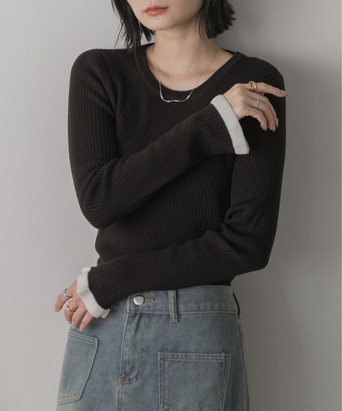 ad thie（アドティエ）の「配色フレアスリーブリブニット（ニット/セーター・レディース・レッド/ダークブラウン/ブラック/ピンクベージュ/カーキ/オフホワイト・FREE）」の15枚目の写真