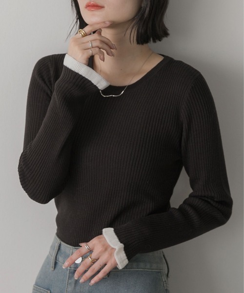 ad thie（アドティエ）の「配色フレアスリーブリブニット（ニット/セーター・レディース・レッド/ダークブラウン/ブラック/ピンクベージュ/カーキ/オフホワイト・FREE）」の14枚目の写真