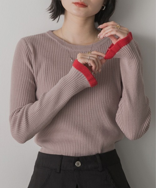 ad thie（アドティエ）の「配色フレアスリーブリブニット（ニット/セーター・レディース・レッド/ダークブラウン/ブラック/ピンクベージュ/カーキ/オフホワイト・FREE）」の11枚目の写真