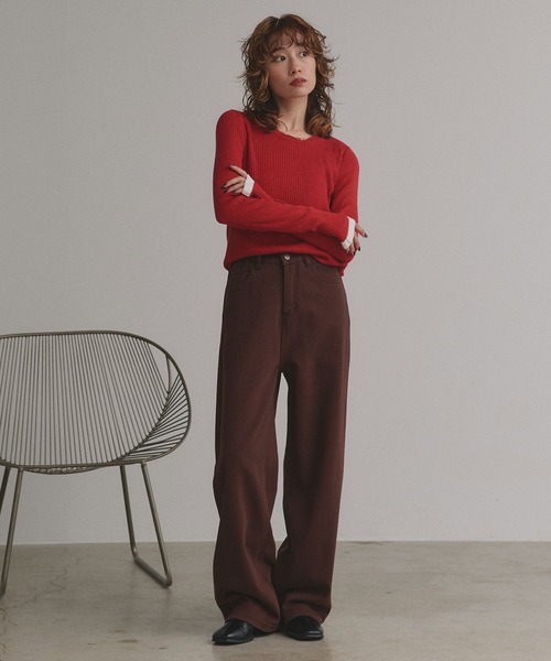 ad thie（アドティエ）の「配色フレアスリーブリブニット（ニット/セーター・レディース・レッド/ダークブラウン/ブラック/ピンクベージュ/カーキ/オフホワイト・FREE）」の7枚目の写真