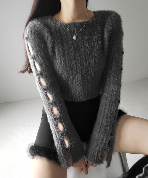 セール】【 3color 】カットアウトスリットスリーブショート