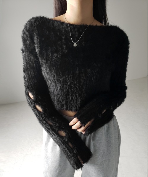 me+em select（ミームセレクト）の「【 ３color 】カットアウトスリットスリーブショートシャギーニット ／ cutout slit sleeve short shaggy knit（ニット/セーター・レディース・ブラック/グレー/ホワイト・FREE）」の5枚目の写真