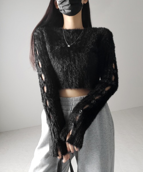 me+em select（ミームセレクト）の「【 ３color 】カットアウトスリットスリーブショートシャギーニット ／ cutout slit sleeve short shaggy knit（ニット/セーター・レディース・ブラック/グレー/ホワイト・FREE）」の7枚目の写真
