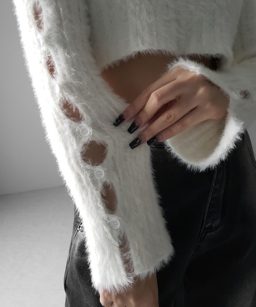 me+em select（ミームセレクト）の「【 ３color 】カットアウトスリットスリーブショートシャギーニット ／ cutout slit sleeve short shaggy knit（ニット/セーター・レディース・ブラック/グレー/ホワイト・FREE）」の14枚目の写真