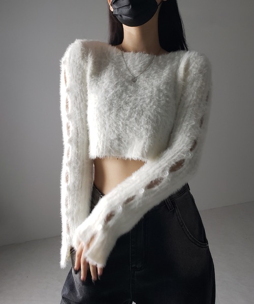 me+em select（ミームセレクト）の「【 ３color 】カットアウトスリットスリーブショートシャギーニット ／ cutout slit sleeve short shaggy knit（ニット/セーター・レディース・ブラック/グレー/ホワイト・FREE）」の19枚目の写真