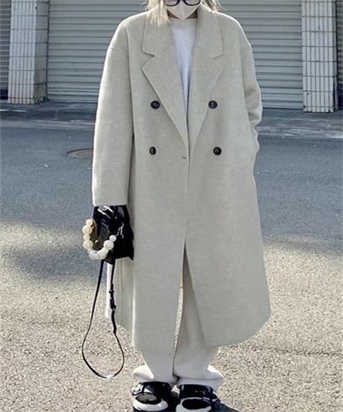 FREE STYLISTS（フリー スタイリスト）の「ピークドラペルロングコート（チェスターコート・レディース・アイボリー/ブラック・S/M/L/XL）」の5枚目の写真