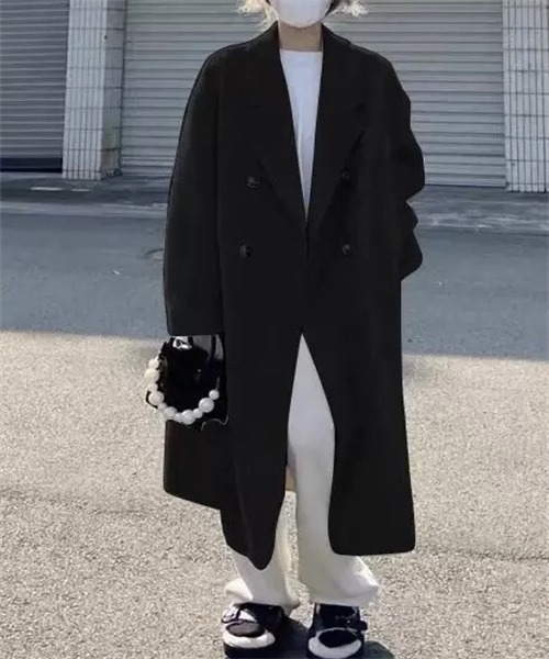 FREE STYLISTS（フリー スタイリスト）の「ピークドラペルロングコート（チェスターコート・レディース・アイボリー/ブラック・S/M/L/XL）」の14枚目の写真