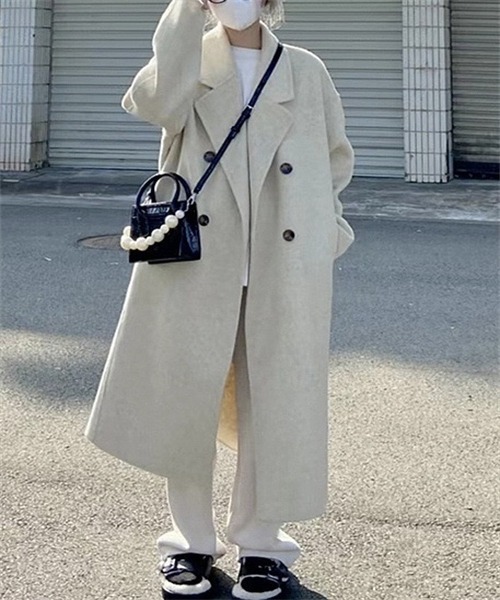 FREE STYLISTS（フリー スタイリスト）の「ピークドラペルロングコート（チェスターコート・レディース・アイボリー/ブラック・S/M/L/XL）」の8枚目の写真