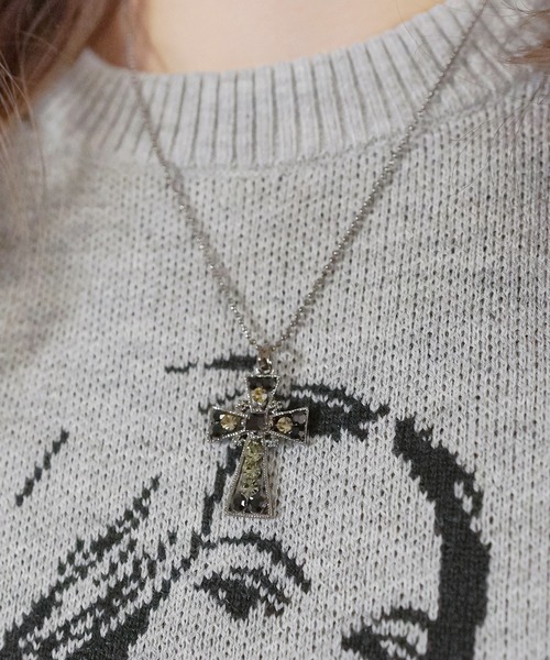 クロスラインストーン細ネックレス（ネックレス）｜SPINNS（スピンズ