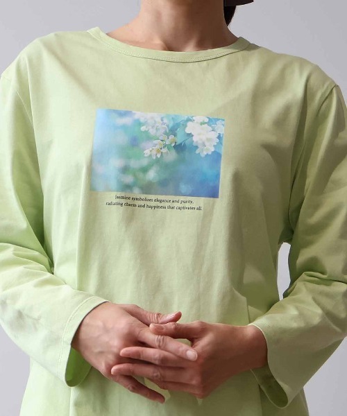 MB mint breeze(エムビーミントブリーズ)の「【L~5L 大きいサイズ】コットングラフィック7分袖Tシャツ(Tシャツ/カットソー・レディース・グリーン/オフホワイト/ネイビー・3L/LL/5L/4L/L)」の2枚目の写真