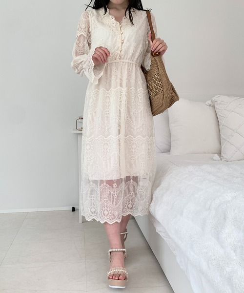 Mejoul（メジュール）の「総レースパールボタンワンピース（ワンピース・レディース・アイボリー・L/M/S）」の9枚目の写真