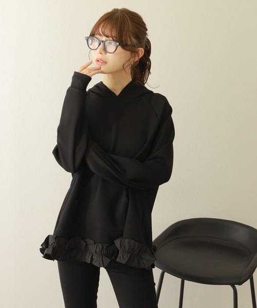 Armillary. フード付きスウェット 黒 a line frill hoodie /Aライン フード付き 裾フリル スウェット