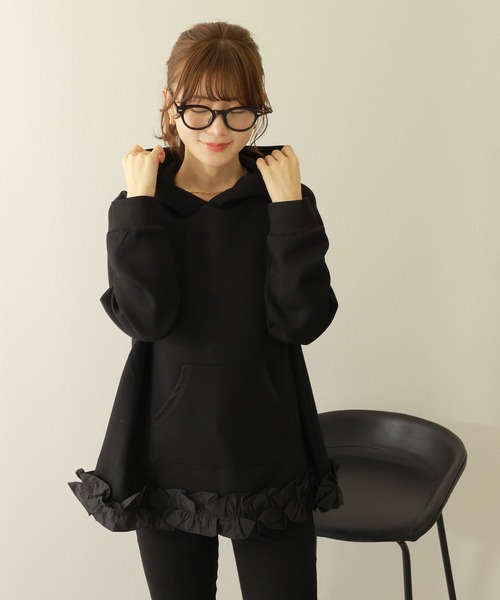 a line frill hoodie /Aライン フード付き 裾フリル スウェット プル