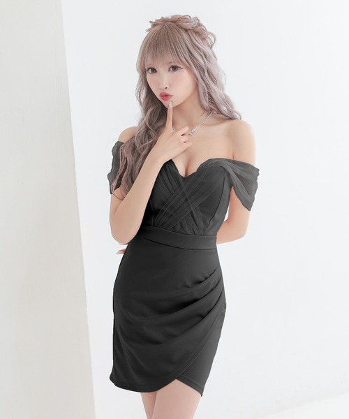 myMinette(マイミネット)の「キャバドレス ミニ タイト ノースリーブ 2Wayチュールショルダーラップギャザーオフショルダードレス(ドレス・レディース・ブラック/ピンクベージュ/グリーン/ワインレッド・M)」の2枚目の写真