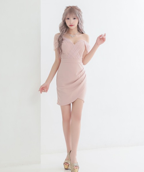 myMinette(マイミネット)の「キャバドレス ミニ タイト ノースリーブ 2Wayチュールショルダーラップギャザーオフショルダードレス(ドレス・レディース・ブラック/ピンクベージュ/グリーン/ワインレッド・M)」の7枚目の写真
