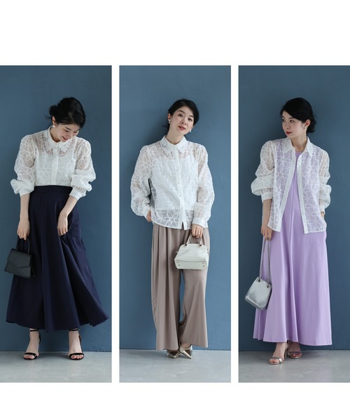 花刺繍が咲き広がるレース襟シアーブラウス（インナー付き