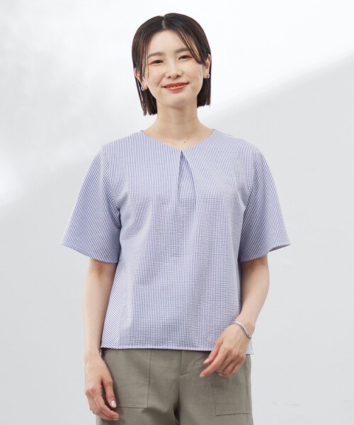 J.PRESS(ジェイプレス)の「【洗える・抗菌防臭・吸水速乾】サッカージャージー ペプラム カットソー(Tシャツ/カットソー・レディース・イエロー系1/ブルー系1/ふじ色系1/ブラウン系1・T13/T15)」の1枚目の写真