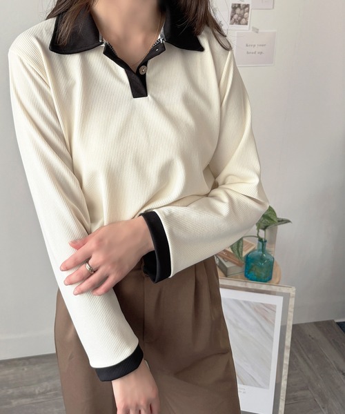 Dewlily(デューリリー)の「ゆるめシルエットで華奢見えを叶える。 襟付きバイカラーリブトップス(シャツ/ブラウス・レディース・アイボリー/ブラック/ブラウン・M/XL/L)」の11枚目の写真