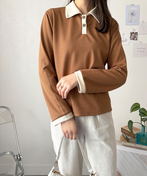 Dewlily(デューリリー)の「ゆるめシルエットで華奢見えを叶える。 襟付きバイカラーリブトップス(シャツ/ブラウス・レディース・アイボリー/ブラック/ブラウン・M/XL/L)」の15枚目の写真