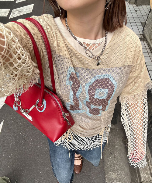 CIAOPANIC（チャオパニック）の「メッシュナンバリングシャーリングTee（Tシャツ/カットソー・レディース・ホワイト/チャコールグレー/ベージュ/ブルー・ONE SIZE）」の4枚目の写真
