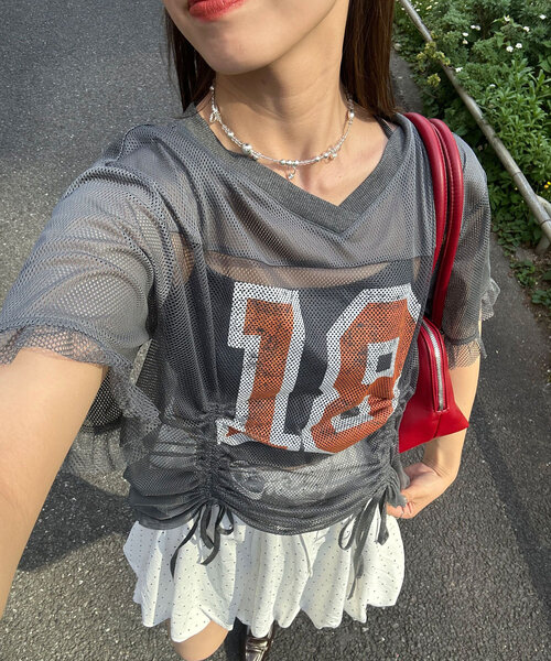 CIAOPANIC（チャオパニック）の「メッシュナンバリングシャーリングTee（Tシャツ/カットソー・レディース・ホワイト/チャコールグレー/ベージュ/ブルー・ONE SIZE）」の3枚目の写真