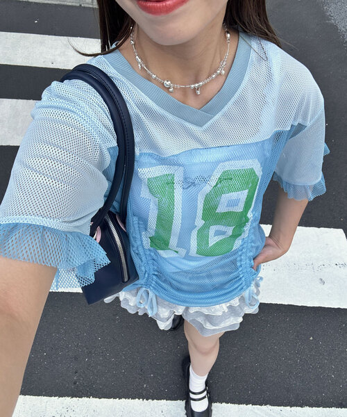 CIAOPANIC（チャオパニック）の「メッシュナンバリングシャーリングTee（Tシャツ/カットソー・レディース・ホワイト/チャコールグレー/ベージュ/ブルー・ONE SIZE）」の1枚目の写真