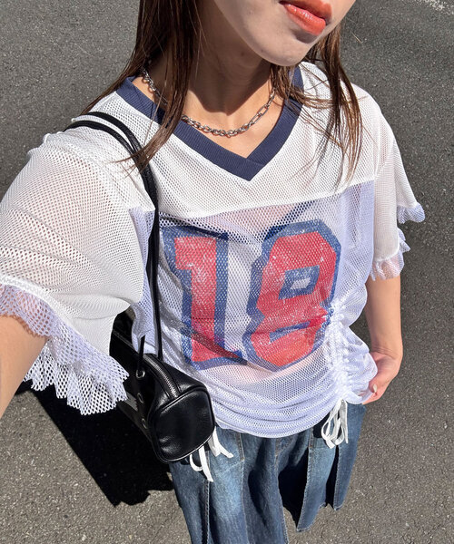 tシャツ メッシュナンバリングシャーリングTee レディース CIAOPANIC tシャツ メッシュナンバリングシャーリングTee