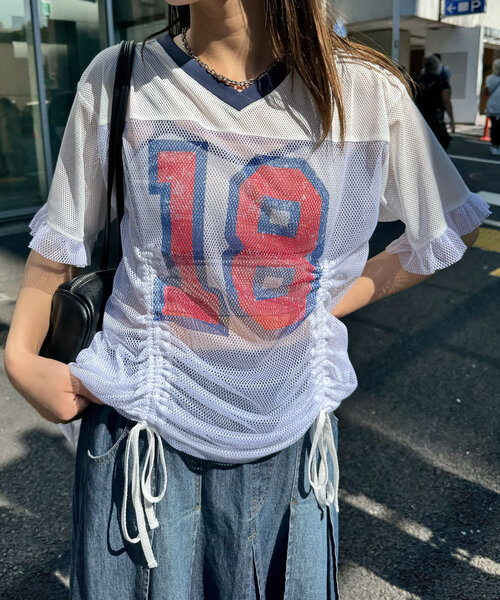 CIAOPANIC（チャオパニック）の「メッシュナンバリングシャーリングTee（Tシャツ/カットソー・レディース・ホワイト/チャコールグレー/ベージュ/ブルー・ONE SIZE）」の20枚目の写真