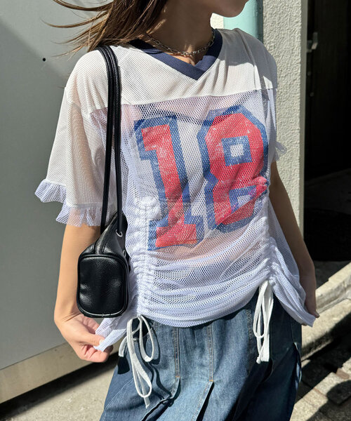 CIAOPANIC（チャオパニック）の「メッシュナンバリングシャーリングTee（Tシャツ/カットソー・レディース・ホワイト/チャコールグレー/ベージュ/ブルー・ONE SIZE）」の21枚目の写真
